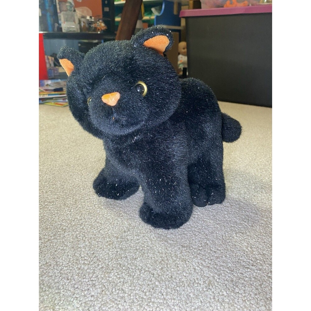 Vintage Halloween Black Cat Plush 10" Tinsel Glitter Fur Orange Ears 2000s